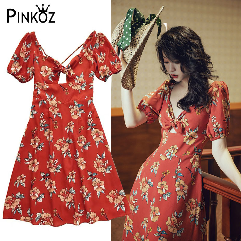 Fashion Boho Dress Floral Print Sexy Cross Strap Backless Open Back Bow Tie Casual Bohemian Knee Length Vestido 210421