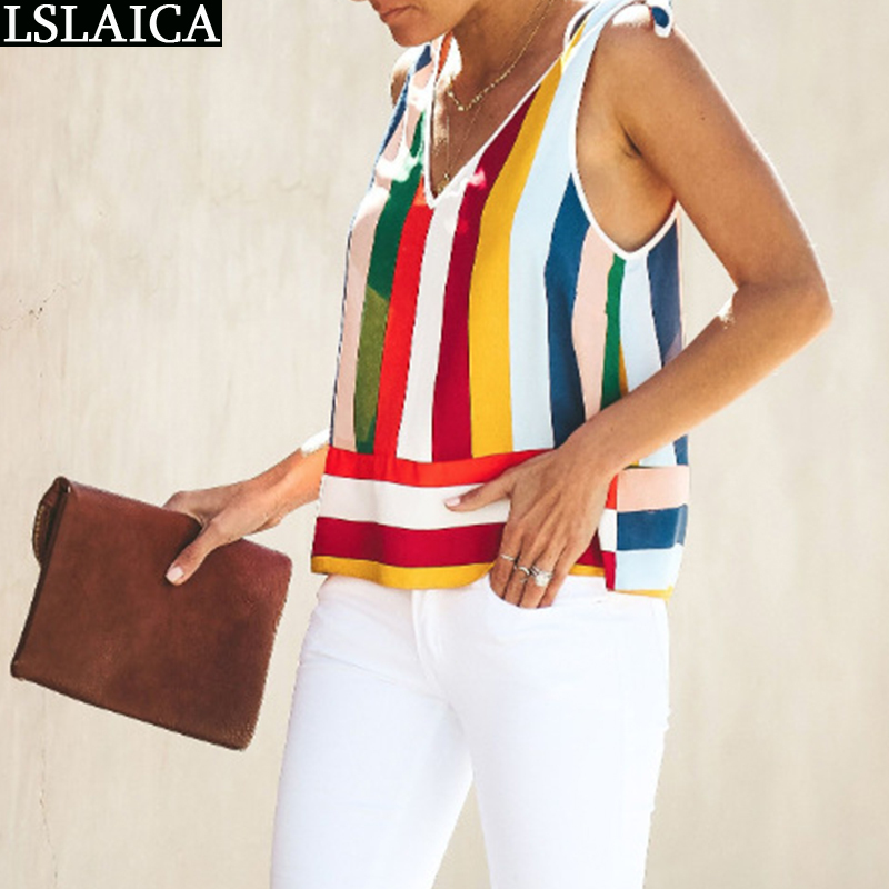 Stripe Print Blouse Women Fashion Sleeveless Shirts Summer Womens Tops Casual Loose Streetwear Clothes Plus Size 210520