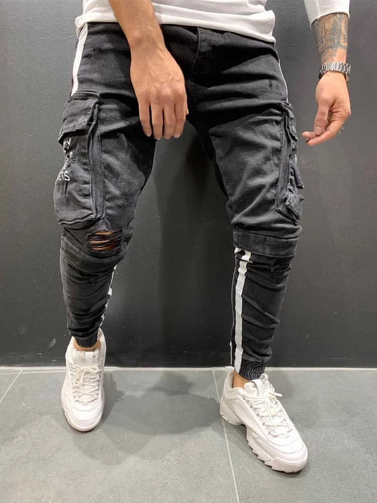 Fashion Men's Jeans Autunn Three-Dimensional Large Pockets Vertical Splice Pencil Pants Casual Loose Street Motorcycle Trousers X0621