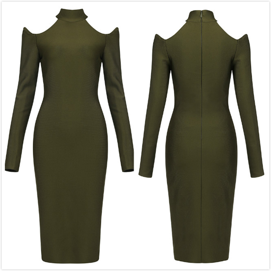 Free Women's Green Bandage Dress Stand Collar Long Sleeve Sexy Hollow Bodycon Split Club Party Vestidos 210524