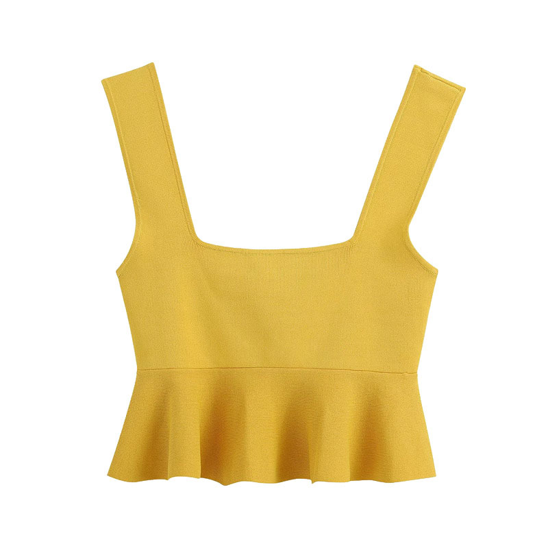 Women Sweet Fashion Ruffled Short Knitted Strap Blouses VIntage Chic Square Collar Sleeveless Tops Pink Yellow 210520