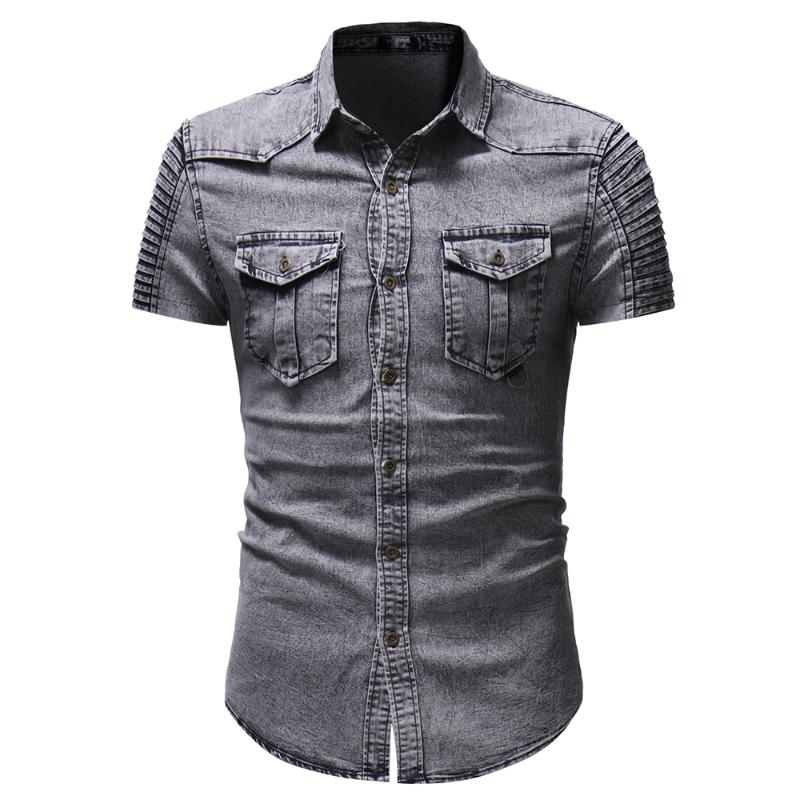 Men's Casual Shirts Mens Slim Fit Short Sleeve Denim Shirt Button Down Standard-Fit Hip Hop Distressed Jeans
