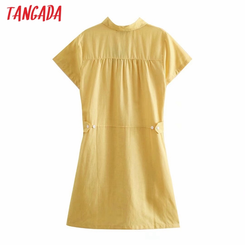 Summer Women Yellow Shirt Tunic Pocket Short Sleeve Ladies Mini Dress Vestidos 2R36 210416