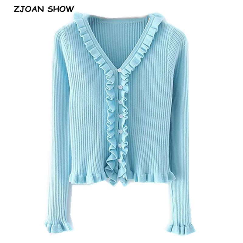 Women' Knits & Tees Vintage French Wood ears Ruffles V neck Knitted Cardigan Cropped Woman Sweater Trim Flare sleeve Short Jumper, Blue
Women' Knits & Tees Vintage French Wood ears Ruffles V neck Knitted Cardigan Cropped Woman Sweater Trim Flare sleeve Short Jumper, Blue