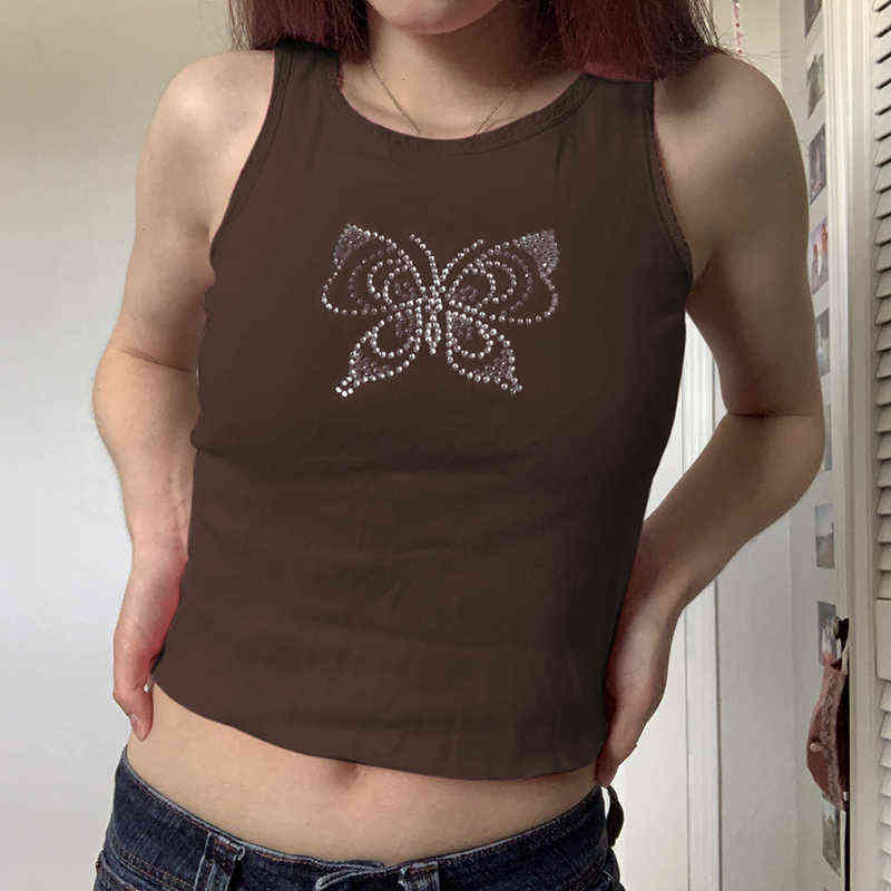 Rapcopter Y2K Butterfly Tank Tops Lace Trim Cute Sweet Basic Crop Top O Neck Sleeveless Rhinestone Summer Sweats Mini Vest Women Y220308