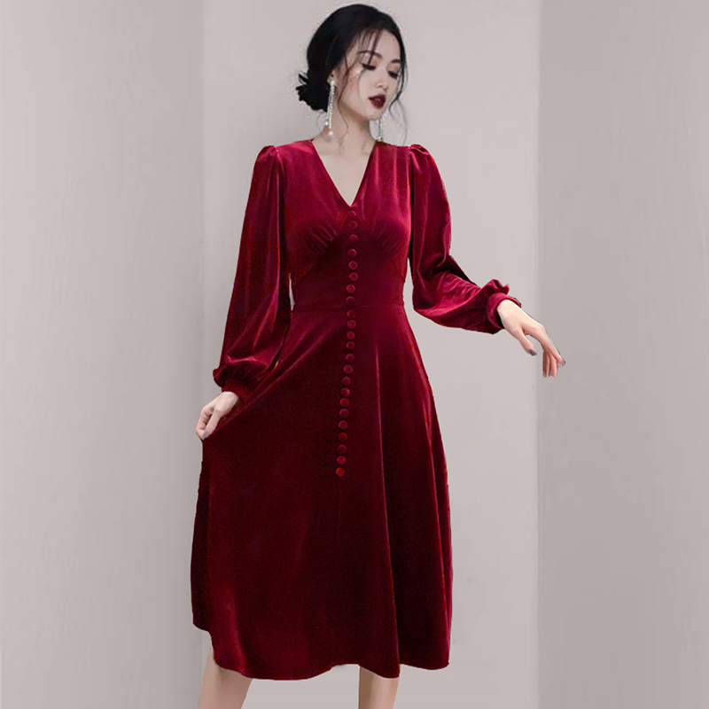Autumn And Winter Ladies Temperament V-Neck Party Dresses Slim Waist Golden Long Velvet Vestido Da Festa 210520