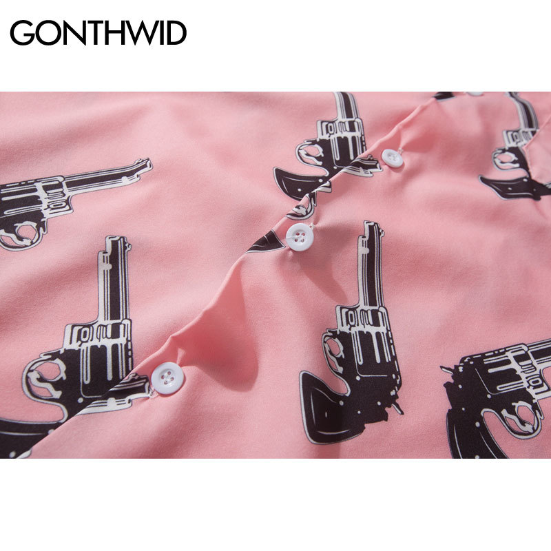 GONTHWID Pistol Gun Print Pink Beach Hawaiian Aloha Shirts Summer Mens Casual Short Sleeve Shirt Male Fashion Shirts Tops 210410