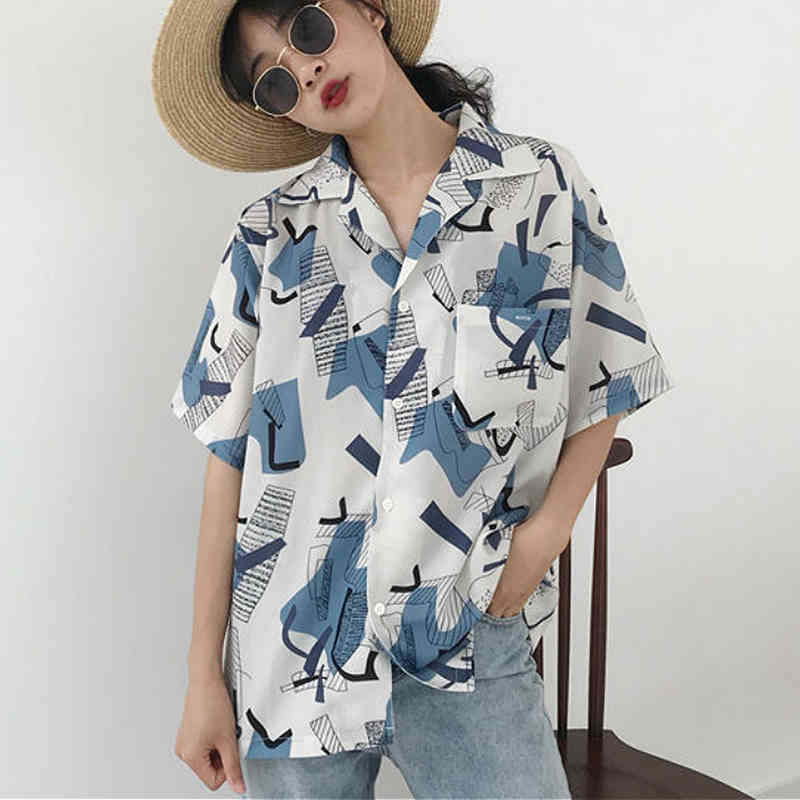 Lucyever Fashion Printed Turn Down Callor Shirts Women Casual Loose Short Sleeve Blouse Woman Summer Vintage Streetwear Ladies 210521