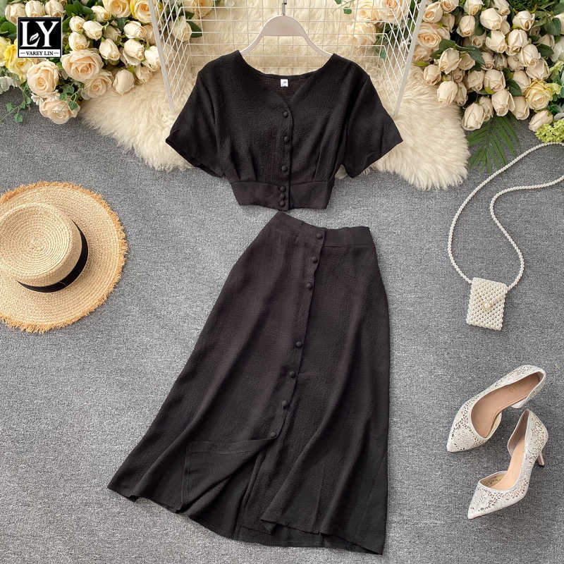LY VAREY LIN Summer Women Casual V Neck Single Breasted Crop Tops High Waist A-line Solid Color Skirt Two Piece Set 210526