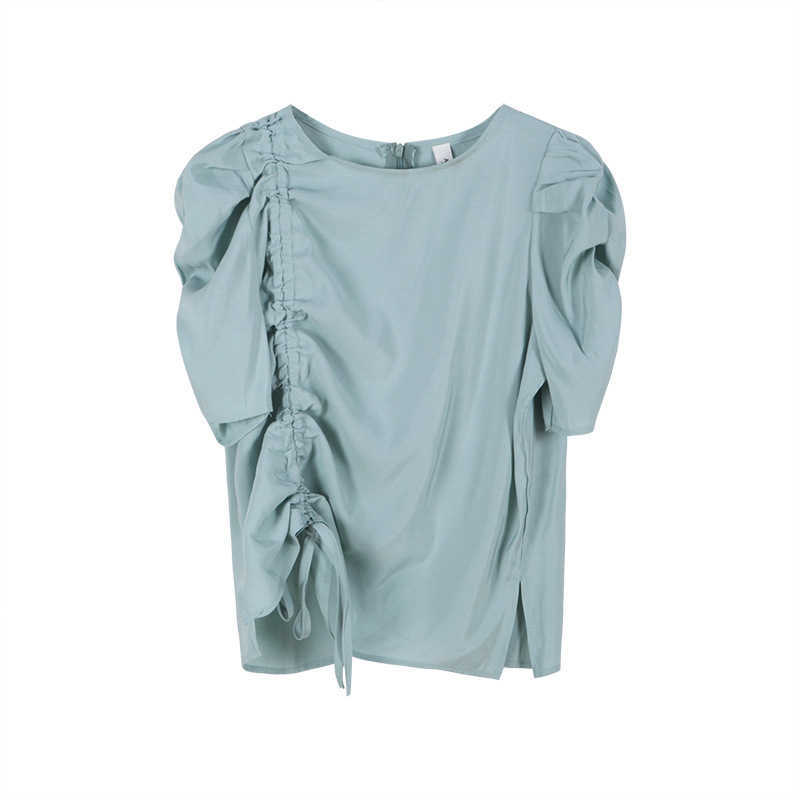Elegant Drawstring Folds Blouses for Women Summer O-neck Puff Sleeve Crop Shirts Fashion Casual All-match Tops Female 210525