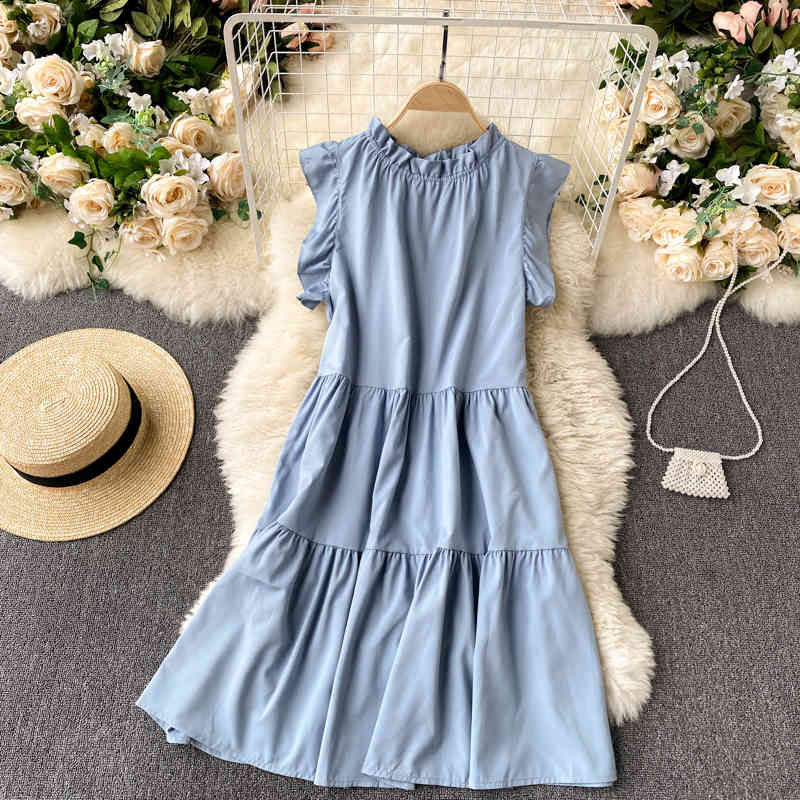 Nomikuma Spring Summer Korean Ruffle Sleeveless Women Doll Dress Causal Solid A-line Dresses New Vestidos De Mujer 6G047 210427