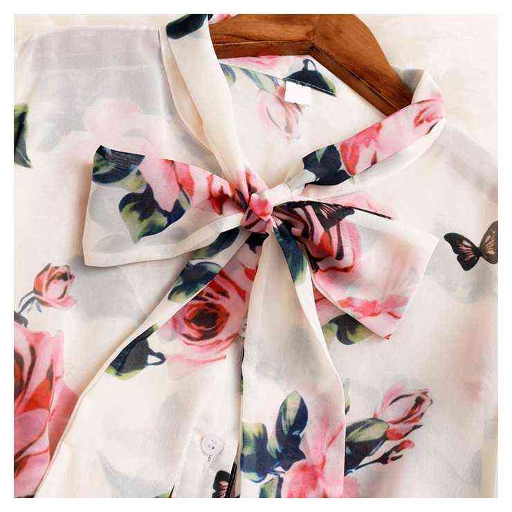 Women Summer Pink Rose Printed 2 Piece Set Sweet Bow Collar Long Sleeve Chiffon Shirt Top + Colorful Button Skirt 211106