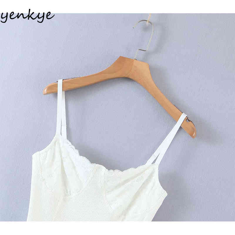 YENKYE Romantic Lace Trim Knit Sling Sexy Dress Women Sleeveless Bodycon Mini Dress Female Summer White Night Out Party Vestido 210515