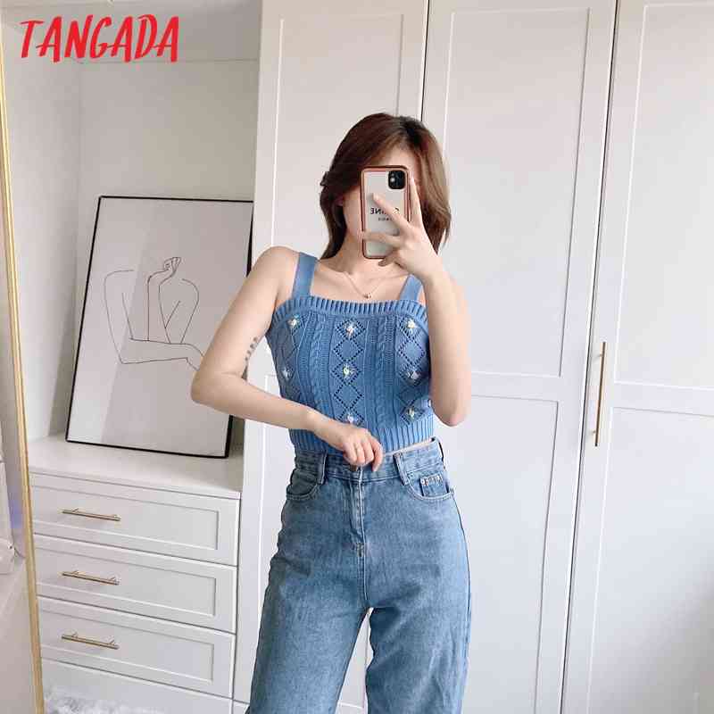 Women Floral Embroidery Tank Top Sleeveless Backless Female Hollow Out Knit Tops 3N18 210416