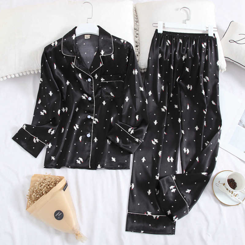 Ice Silk Satin Lapel Women Pajama Set Printing Fashion Pajamas Long Sleeve Pyjamas Set 211007