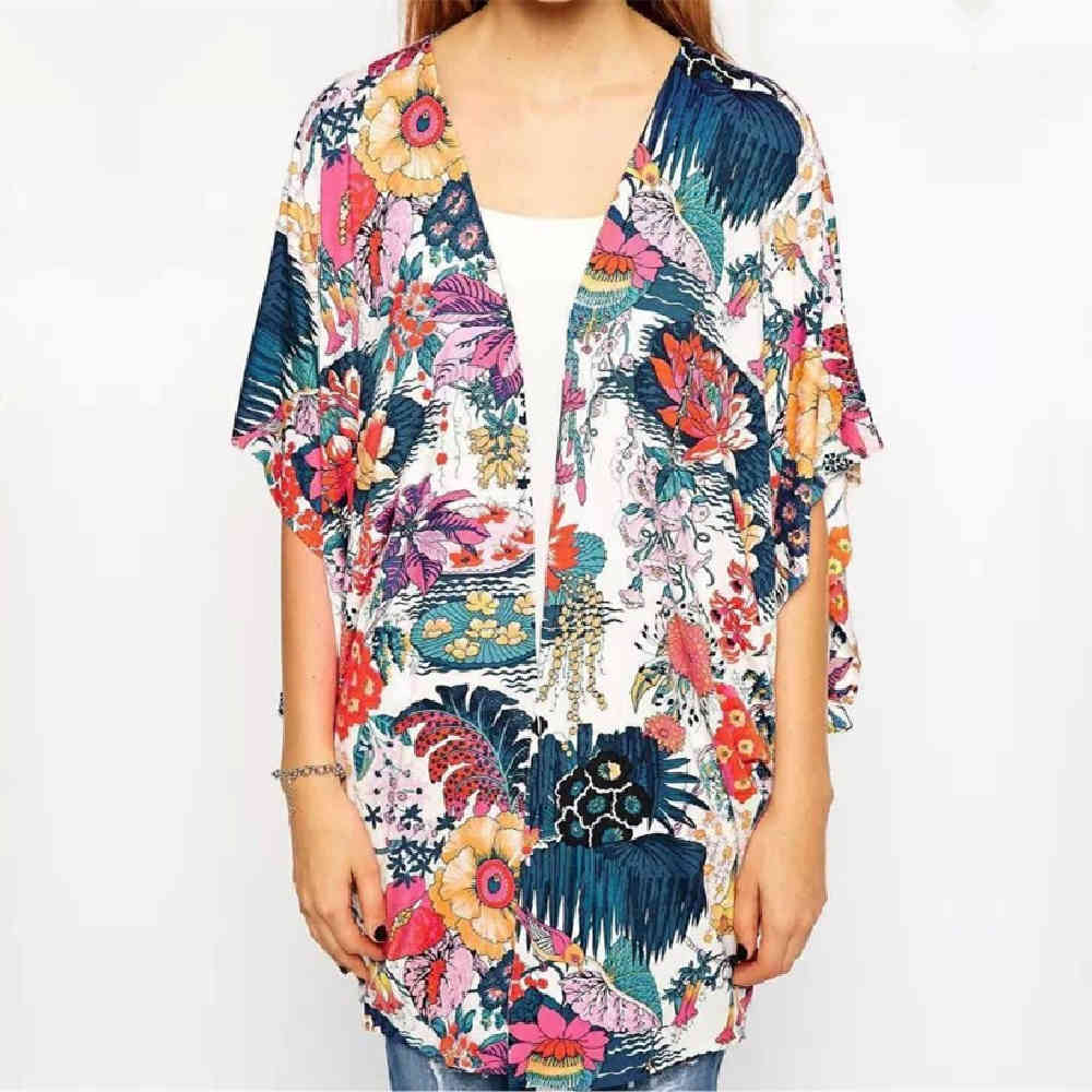 Boho Print Chiffon Bathing Suit Cover-ups Plus Size Beach Wear Short Kimono Dress Tunic Women Summer Swimsuit Cover Up A831 210420