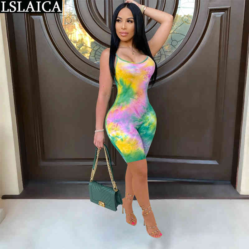 Tie-Dye Jumpsuit Women Sleeveless High Waist Slim Summer Elegant Casual Rompers Womens Club Sexy Combinaison Femme 210520