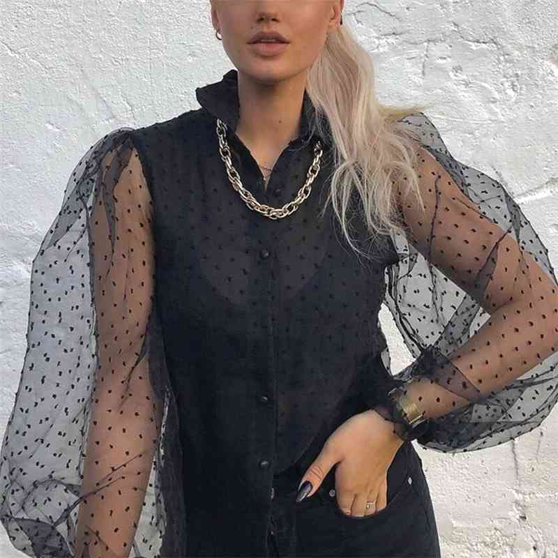 EXQJ Elegant Women Transparent Puff Sleeve Shirts Fashion Ladies Black Polka Dot Tops Sweet Female Chic Patchwork Blouses 210430