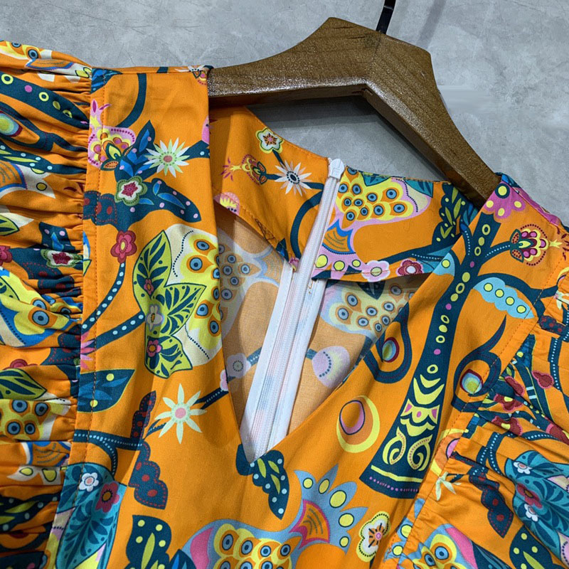 vintage ruffles v-neck summer chic dress women party casual daily clothing fashion mini dresses orange floralprinted 210421