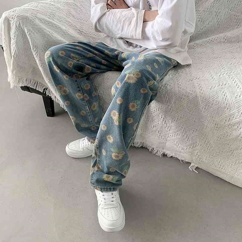 Floral Print Jeans Woman Man Streetwear Vintage Harajuku Denim Pants Casual All Match Jean Pantalones 210519