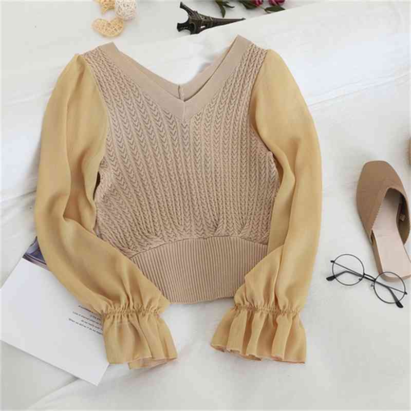 Fashion Patchwork Mesh Blouse Women V Neck Knit Flare Long Sleeve Blusas Autumn Spring Slim Shirt Elegant 47108 210602