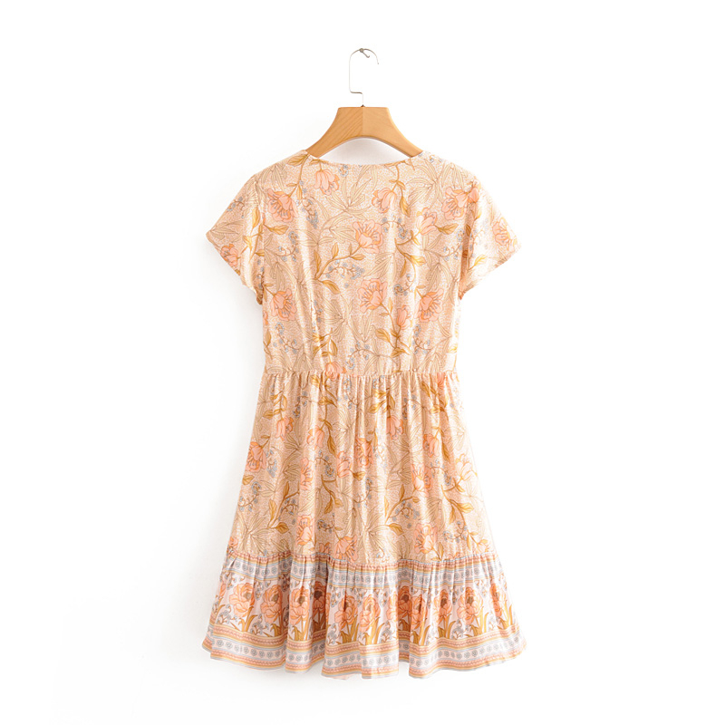 beauty Boho Floral Print Cotton Midi Dress Women Holiday Vintage V-neck Single Breasted Beach Dresses Female 210514