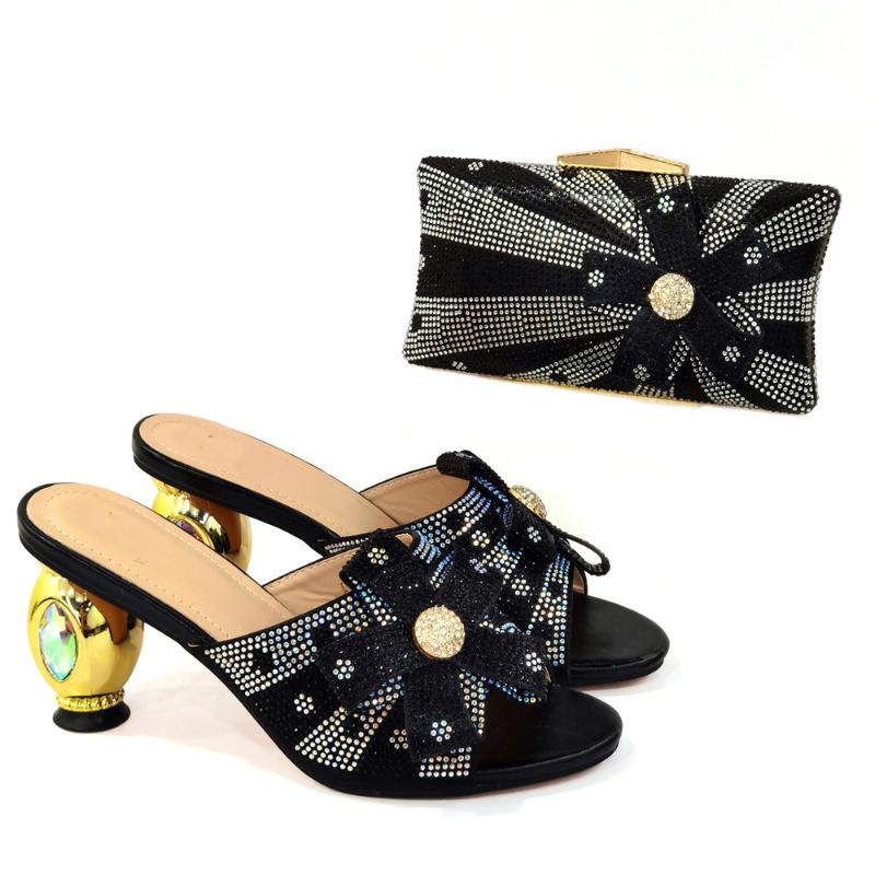 Dress Shoes Italian Design Black Woman Pump With Purse Bag Set Ladies High Heels Slippers Sandals And Handbag CR129 Height 8CM