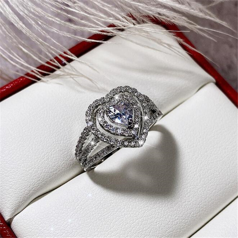 Ins Top Sell Wedding Rings Luxury Jewelry 925 Sterling Silver Handmade Pave White Sapphire CZ Diamond Gemstones Eternity Women Bridal Heart Ring For L
