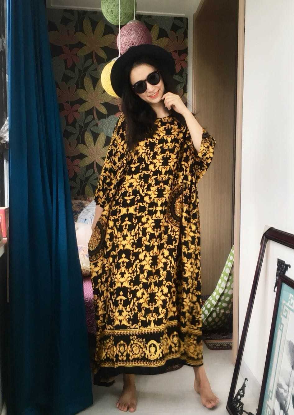 Vintage Floral Printed Bohemian Plus Size Loose O Neck Dresses Dubai Beach Travel Batwing Sleeve Ankle-Length Women Dress 210615Z