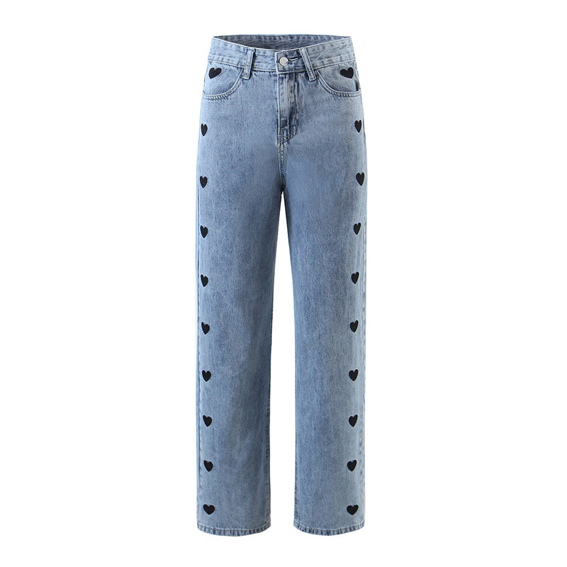 Spring Vintage Embroidery Heart High Waist Straight Jeans for Women Mum Denim Pants Street Casual Loose Long Trousers 210429