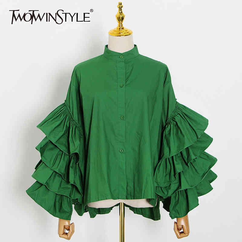 Patchwork Ruffle White Shirt For Women Stand Collar Long Sleeve Elegant Shirts Female Autumn Fashion 210524