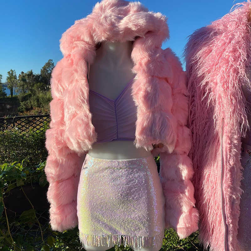 Lucyever Fashion Hooded Faux Fur Coat Women Winter Warm Plus Size 8XL Blue Furry Overcoat Elegant Plush Crop Jacket Femme 211019