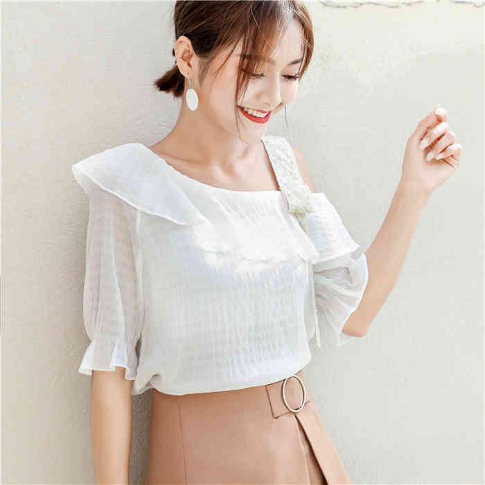 fashion sexy solid women tops short sleeved blouse slash neck summer sweet lady chiffon shirt 0509 40 210506