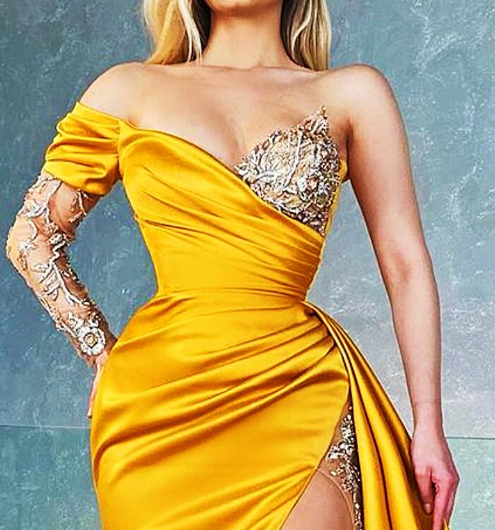 Plus Size Arabic Aso Ebi Yellow Luxurious Sexy Prom Dresses Beaded Crystals High Split Evening Formal Party Second Reception Gowns Dress ZJ255