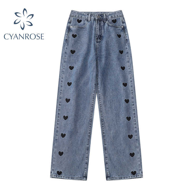 Wide Leg Jeans Women Love Printing Vintage Harajuku Loose Casual Denim Pants Spring Street High Waist Woman Trousers 210616