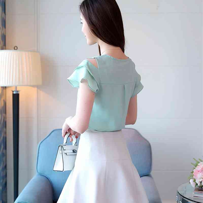 Fashion White Chiffon Blouse Women Shirt Short Sleeve V Collar Summer Tops Blouses Blusas Female Clothing 0081 30 210506