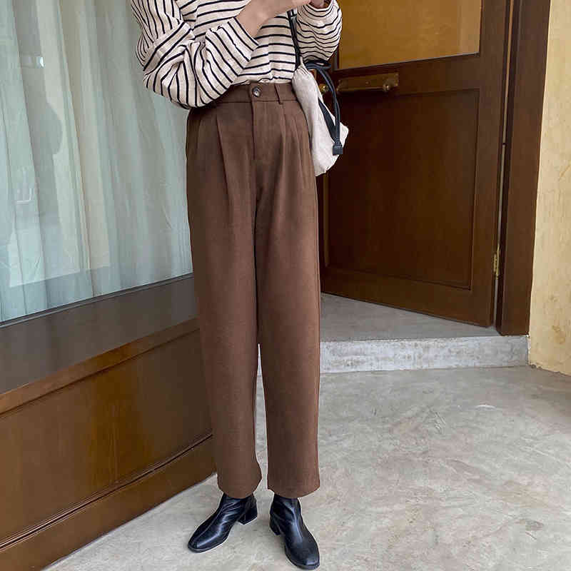 Korean High Waist Woolen OL Elegant Women Solid Plus Casual Loose-fitting Straight Pants Female Trousers 210421