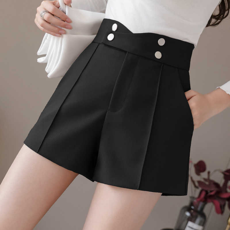 Plus Size Suits Shorts Women Summer High Waist Solid Black Office Work Ladies Pocket Gray Wide Leg Trouser S-XL 210601