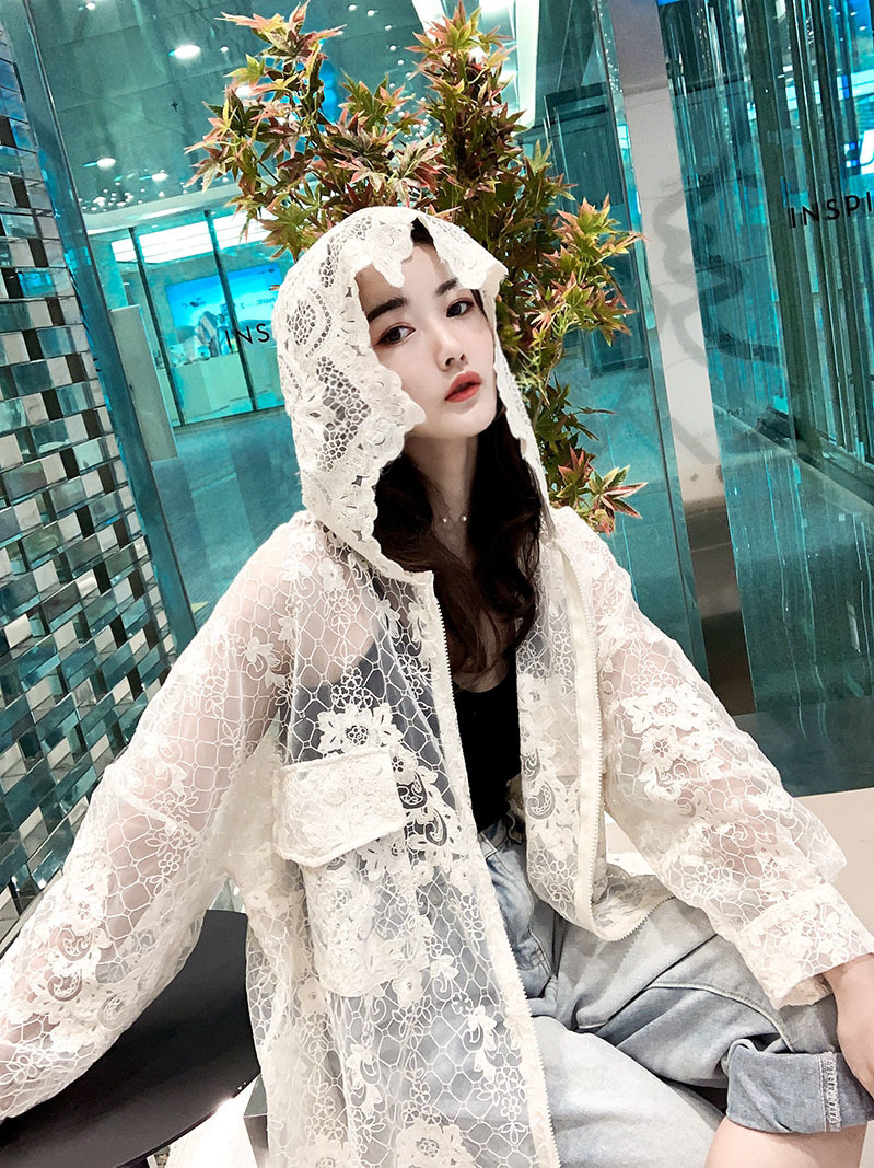 Fashion Summer Lace Embroidery Sun Protection Hooded Coat Women Zipper Casual Loose Vacation Chic Top 210519