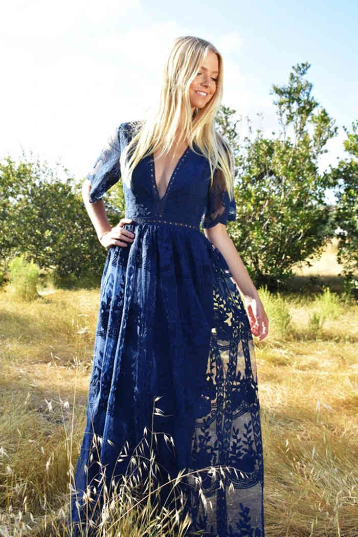 Women Dress Deep V Neck Short Sleeve Bohemian es Temperament Lace High Waist Large Hem Loose Casual es 210513