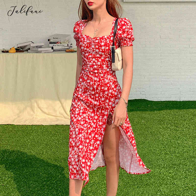 French Romance Retro Dress Women Floral Print Square Collar Dresses New Summer Ruffles Puff Sleeve Slim Split Midi Dress Vestido 210415