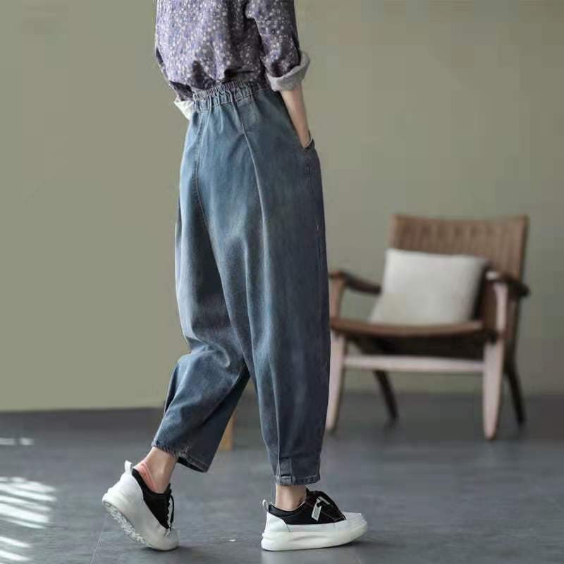 Arrival Summer Women Loose Casual Elastic Waist Harem Pants All-matched Cotton Denim Patchwork Ankle-length Jeans W245 210512