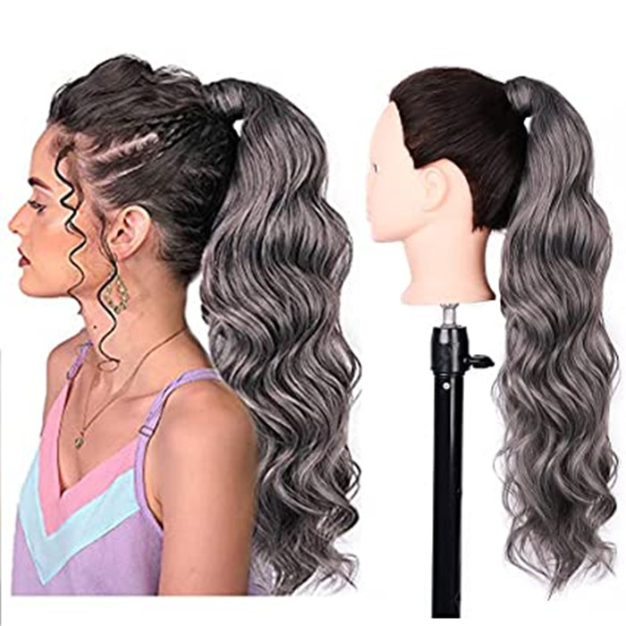 Gray Wavy Ponytail Extension for Black Women human Wrap Around grey Ponytail Long Curly Wave Clip in Magic Paste Hairpiece 22inch