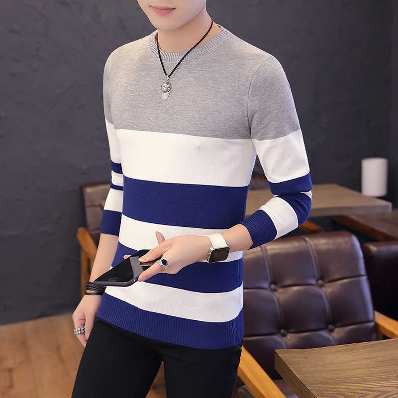 Casual Men Sweater Color Block Patchwork O Neck Long Sleeve Knitted Sweaters Top Blouse For Warm Men's Clothing Striped C251 210929