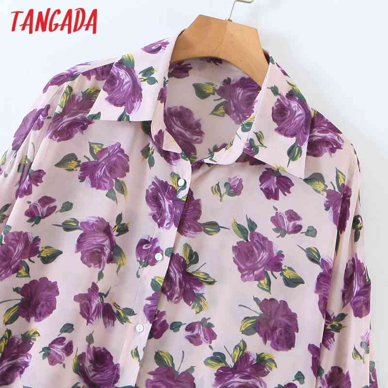 Women Retro Purple Flowers Print Chiffon Shirt Blouse Long Sleeve Chic Female Tops SL545 210416