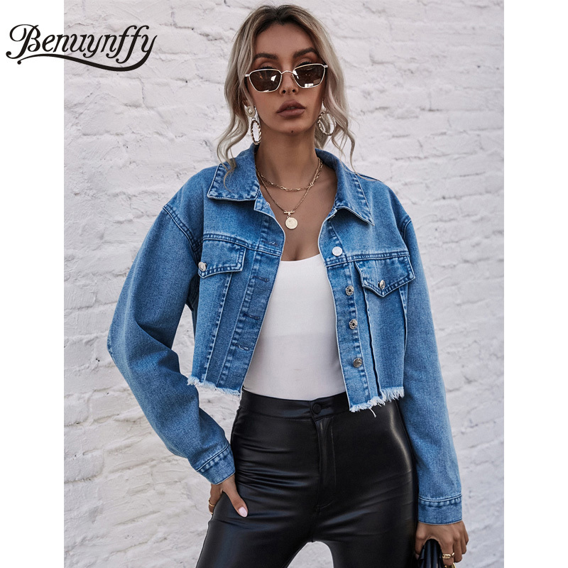 Turndown Collar Long Sleeve Crop Jeans Jacket Women Spring Autumn Fashion Streetwear Denim Outwear Female 210510