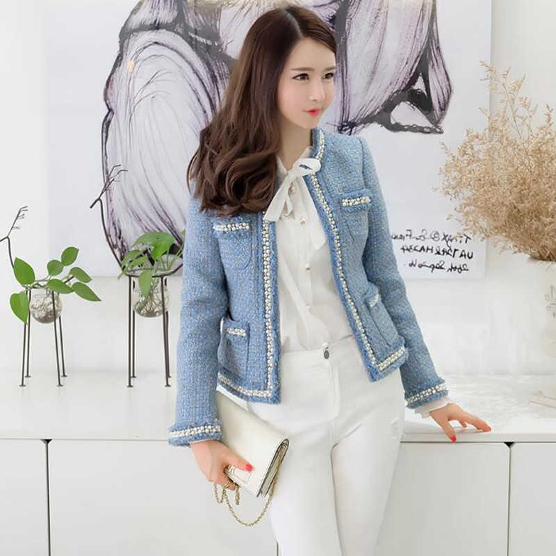 Blue Tweed Jacket Coat Autumn Women's Beading Long Sleeve Woolen Fringed Trim Tassels Pearl Pocket Runway Jacket T200831
