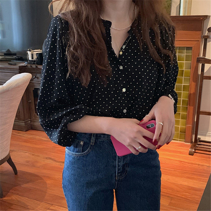 All Match Sweet Polka Dots Chic High Street Vintage O-Neck Brief Gentle Elegance Office Lady Fresh OL Shirts 210421
