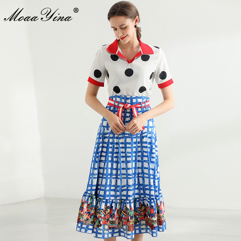 Summer Fashion Blue Skirts Sets Women's Casual polka dot Tops and Floral print Midi Plaid 2 Pieces Suit 210524