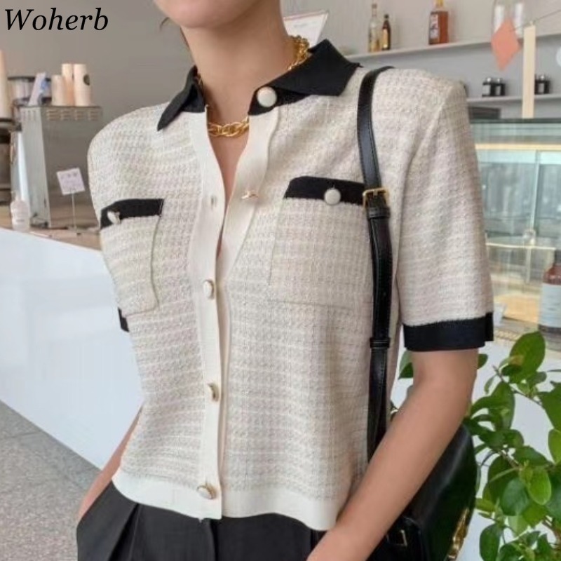 Summer Thin Short Sleeve Cardigan Women Korean Chic Knitwear Slim Contrast Color Cardigans Casual All Match Top 210422